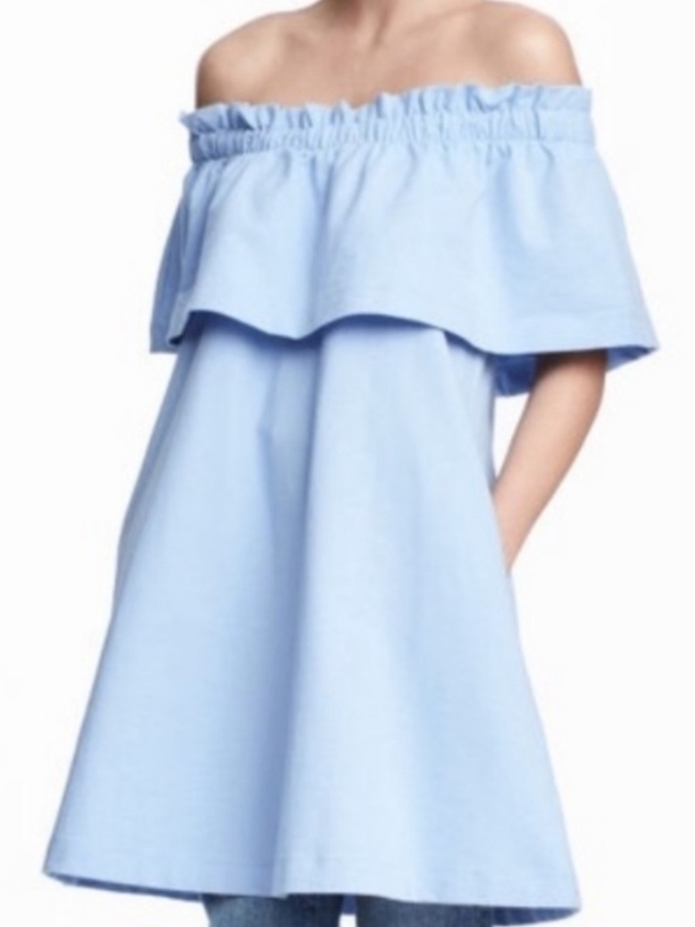 H&M Off Shoulder Flounce Baby Blue Dress 6 Ruffle